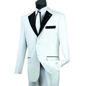 All White Mens Tuxedo - Wedding Suit - Mens 2 Button Contrast Notch Lapel Tuxedo